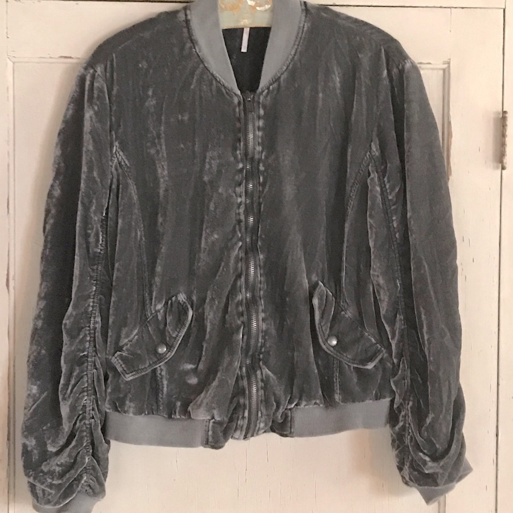 Free People Dark Gray Velvet Bomber Jacket